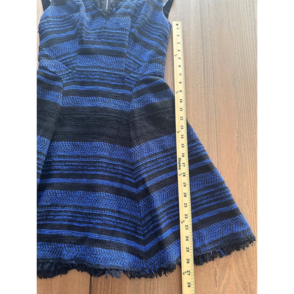 Rebecca Taylor Blue Black Tweed Faux Leather Trim Fit Flare Dress Size 2 - Picture 2 of 7